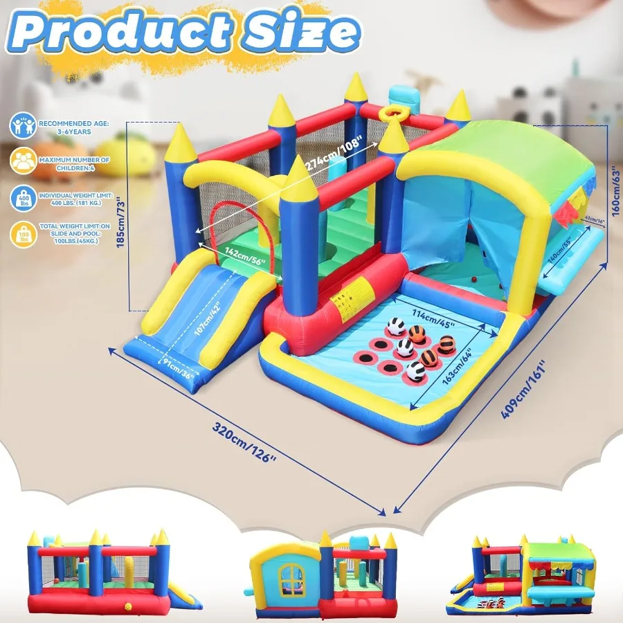 Casa rimbalzante gonfiabile con scivolo 13,42x10,5x6,07FT Castello gonfiabile con ventilatore Supporto per mercato giocattolo TictacToe Area di salto Basketba