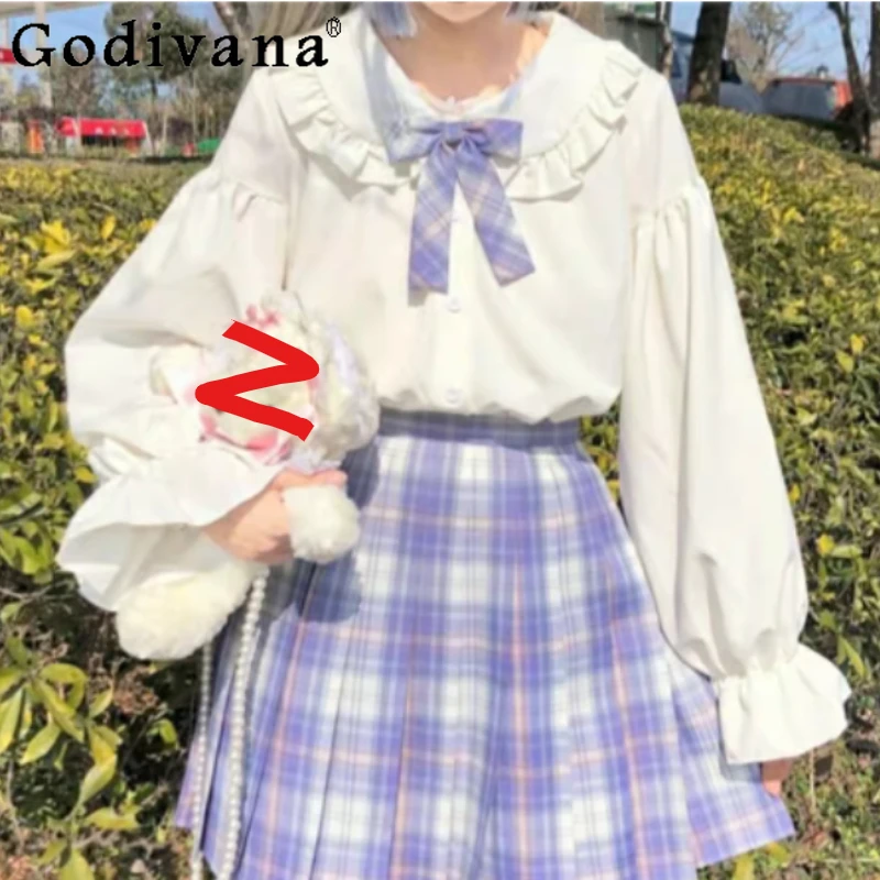 

Плюс размер Весна Осень Милый воротник Питера Пэна Универсальная рубашка Jk для девочек Белая рубашка с длинным рукавом Уменьшение возраста Колледж Японский милый топ