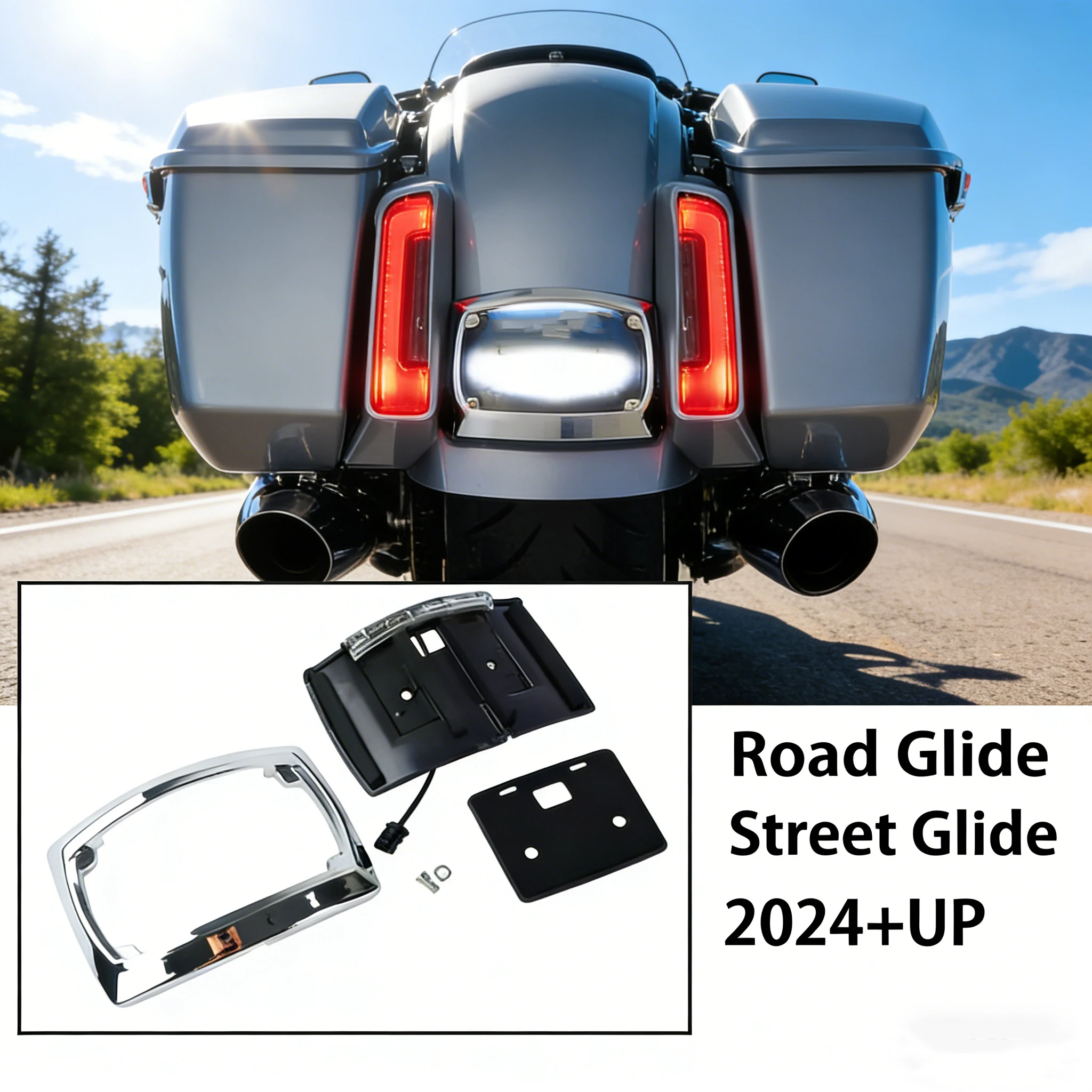 2023 2024 NEW Motorcycle Curved License Plate Frame Relocation LED Light For Harley Road Glide ST Electra Glide CVO Street Glide