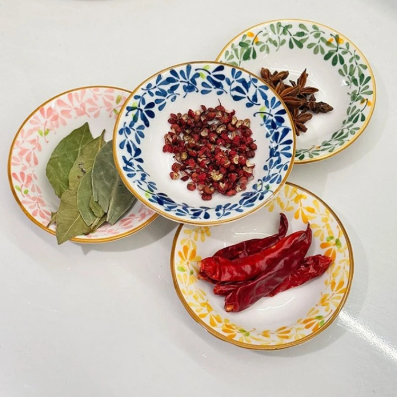 3.8 Inch Floral Ceramic Seasoning Dish 4Pcs Small Sauce Plate for Soy Sauce Vinegar Chili Powder Salad Dressing Home Dining Use