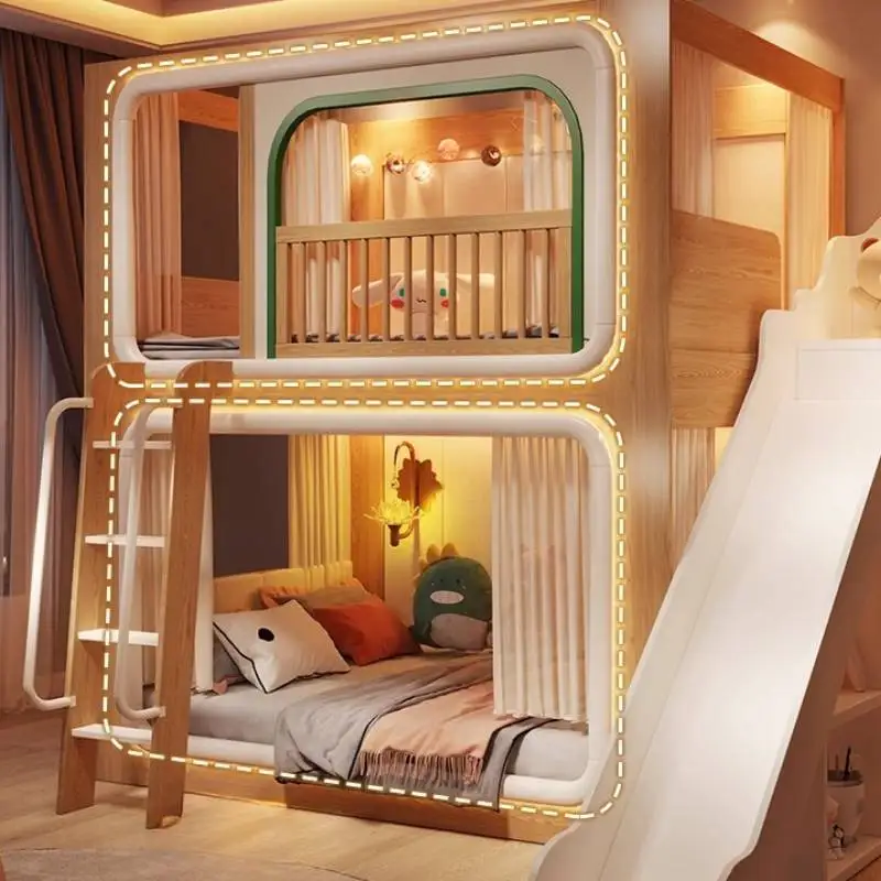 Loft Double Decker Kids Beds Wooden Guardrail Design Playpen Children Beds Slide Modern Style Camas Infantiles Furniture Home