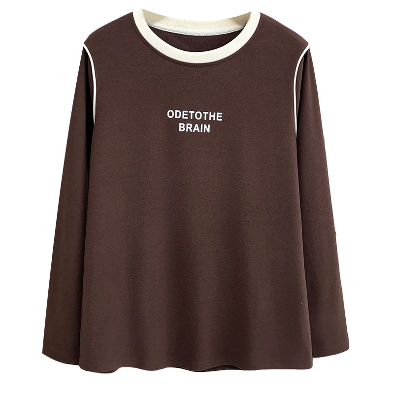 T-shirt da donna XXXXL moda taglie forti autunno e inverno nuova semplice stampata piccola lettera ispessita DE velluto caldo top 2531