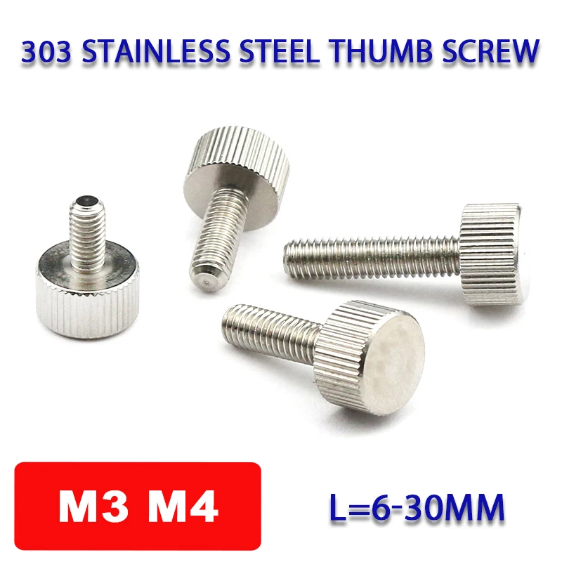 

303 Stainless Steel Knurled Thumb Screw M3 M4 L=6-30mm Manual Adjustment Screw Hand Tighten Thumb Screw