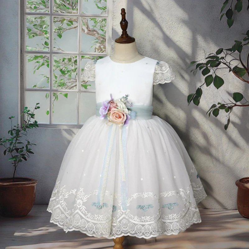 Girls Floral Applique Tulle Princess Dress Kids Costume  Birthday Pageant Party Clothes Puffy Flower Girl Wedding Gown Children
