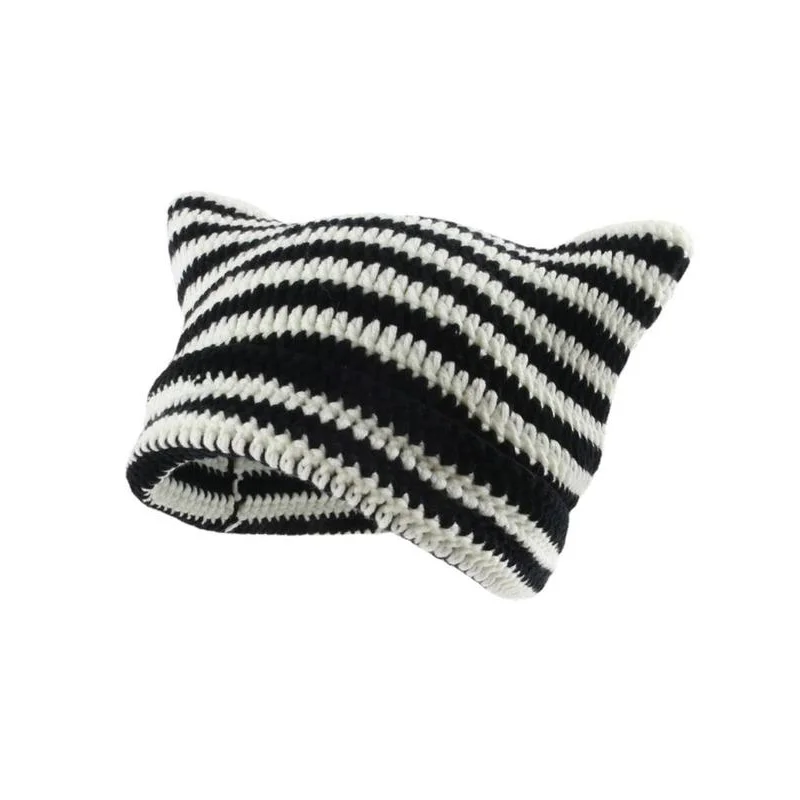 Striped Cat Ear Hat, Warm Beanie for Women & Men, Fall Pullover for Outdoors, Fashion Accessories for Winter Back To School, Out