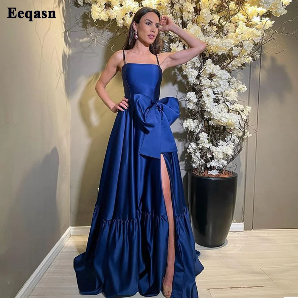 

Eeqasn Dark Blue Satin Evening Dresses Spaghetti Straps Bow High Slit Side Arabic Women Formal Party Prom Event Gowns Pageant