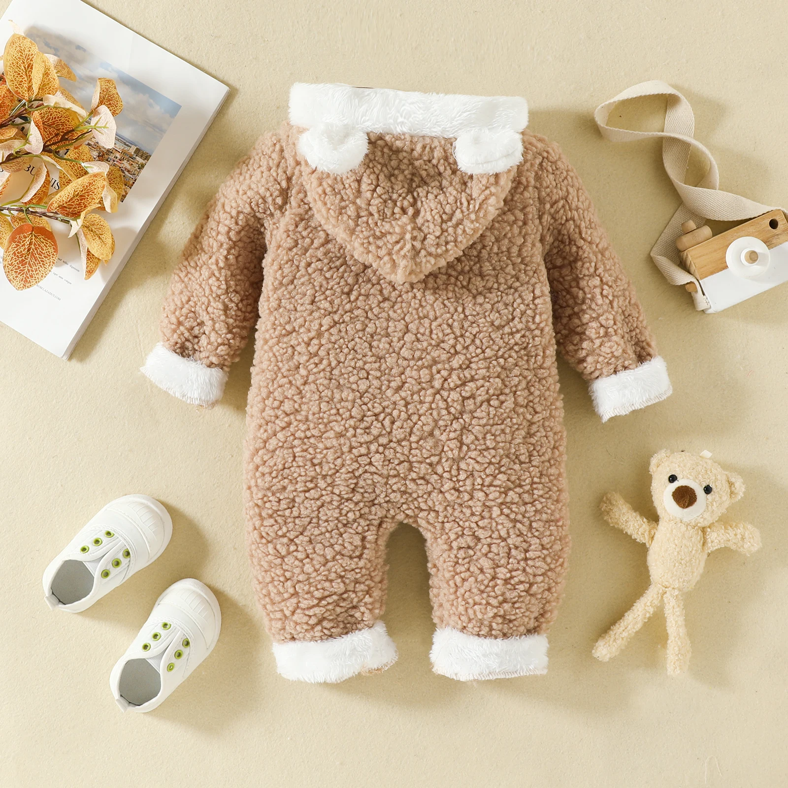 Autumn and winter baby and toddler neutral cartoon cute Teddy hoodie with decorative ears, long sleeved jumpsuit