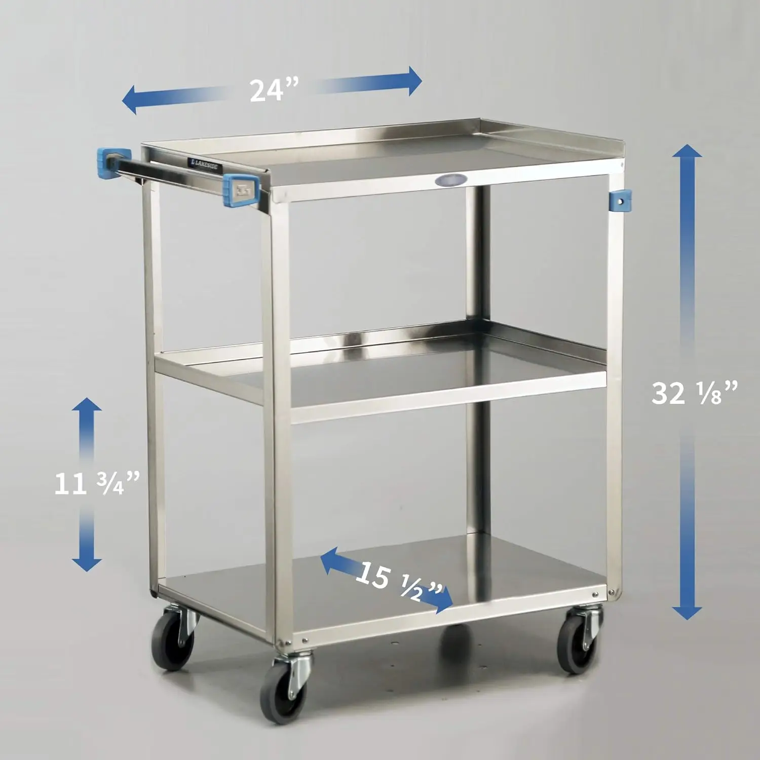 Gereedschapskar, Roestvrij Staal, 3 Planken, 300 Lb. Capaciteit (Volledig Geassembleerd)