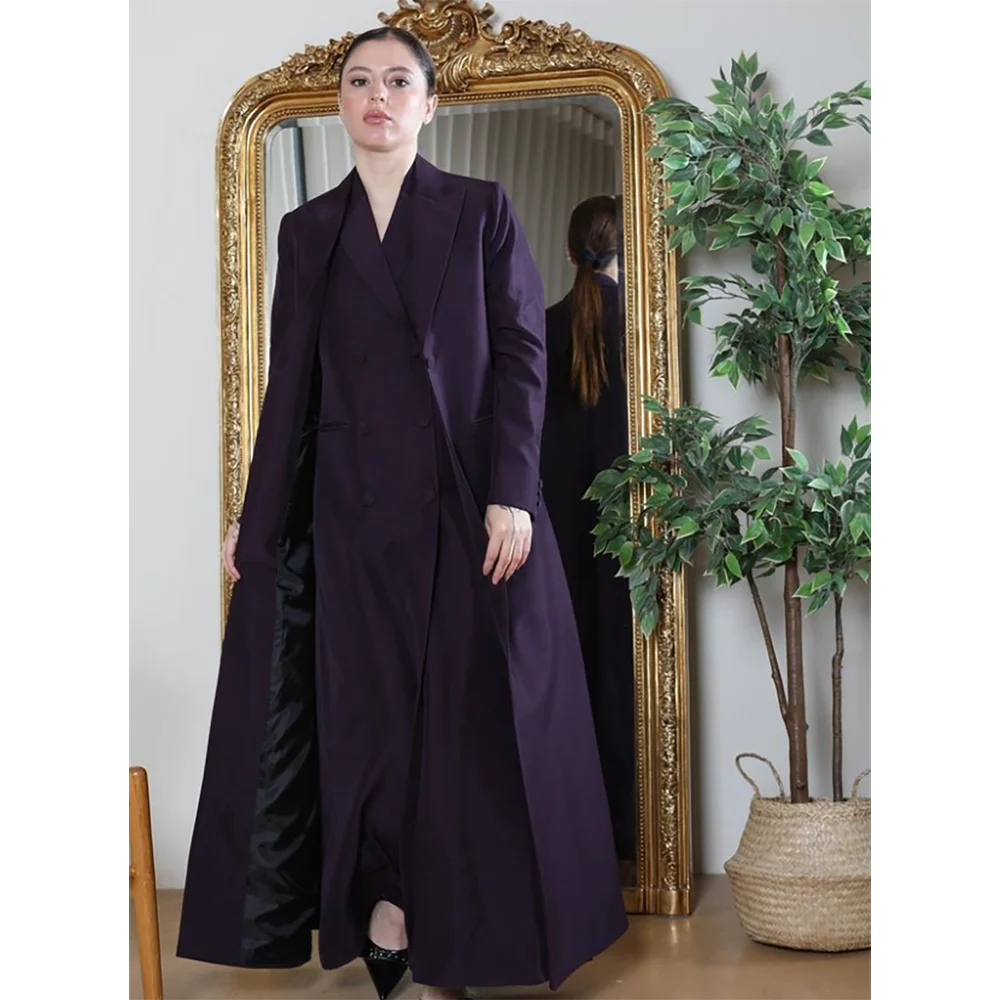 Veste longue violet foncé pour femme, manteau à revers à boutonnage simple, robe formelle pour femme, Arabie saoudite, 03