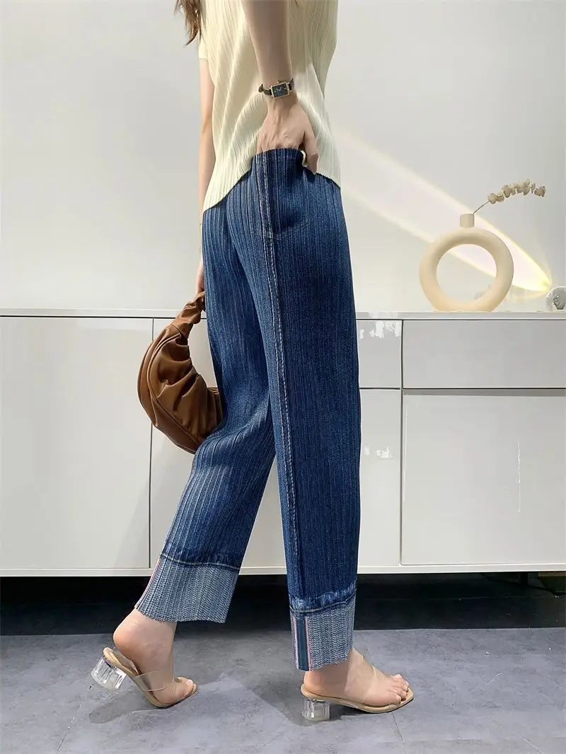 ALSEY Miyake Pleated Denim Suit Autumn New Short Sleeves Coat + High Waist Casual Pants Fashion Two-Piece Suit Female Clothings