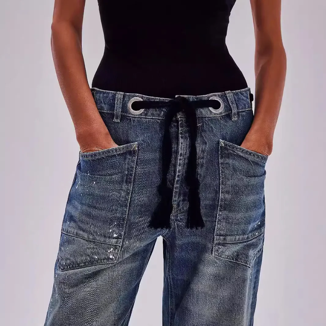 Jeans Vrouwen Denim Broek Rechte Broek Trekkoord Lange Broek Casual Losse Y2k Streetwear Knop Pocket Splice Mom Jeans 2025
