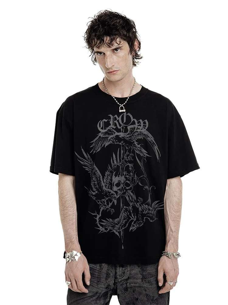Men's T-Shirts CROW Graphic Streetwear Gothic Vintage Grunge Cotton Printed Tops Tees Short Sleeve Tees Oversized Y2k Clothing