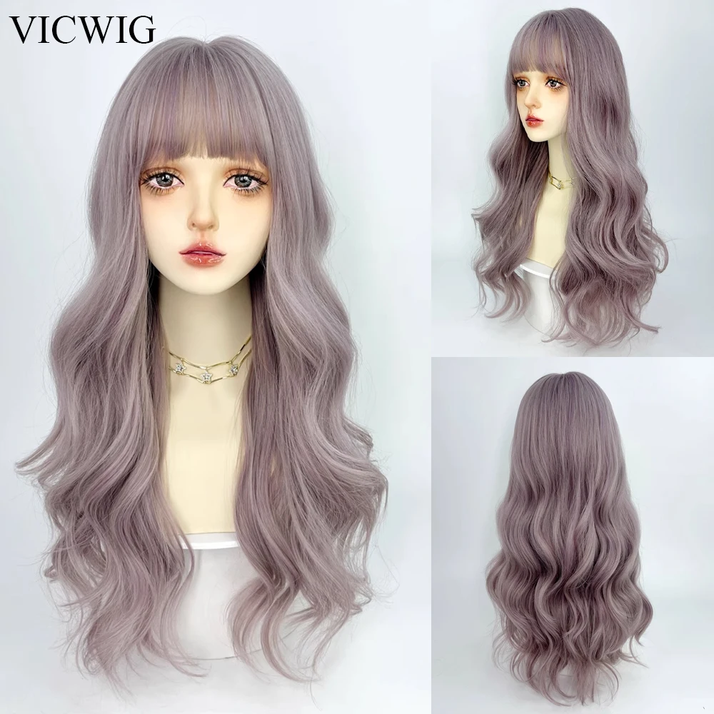 

VICWIG Synthetic Long Wavy Gray Purple Wigs with Bangs Natural Lolita Cosplay Fluffy Hair Wig for Daily Party