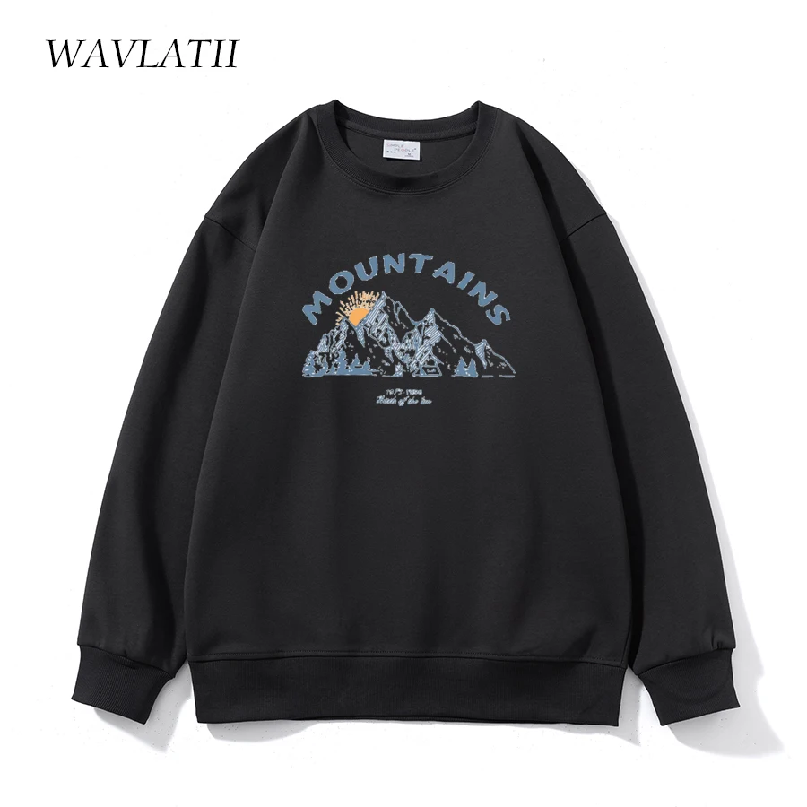 

WAVLATII 2022 New Women Black Sporty Sweatshirts Female Dark Grey Casual Mountains Printed Hoodies White Oversized Tops WH2223