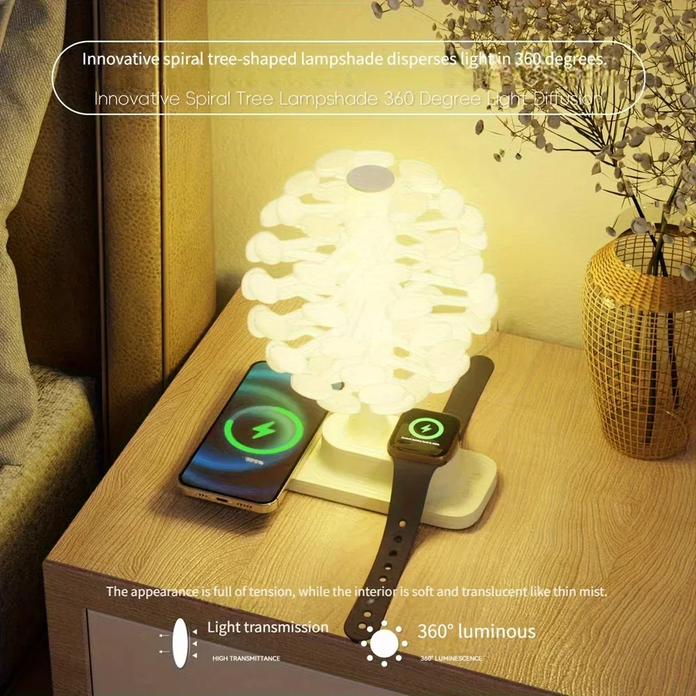 Lamp Spiral Tree Shape Table Lamp with Colorful Lights And Wireless Phone Watch Charging Pad Bedside Lamp Home Decor