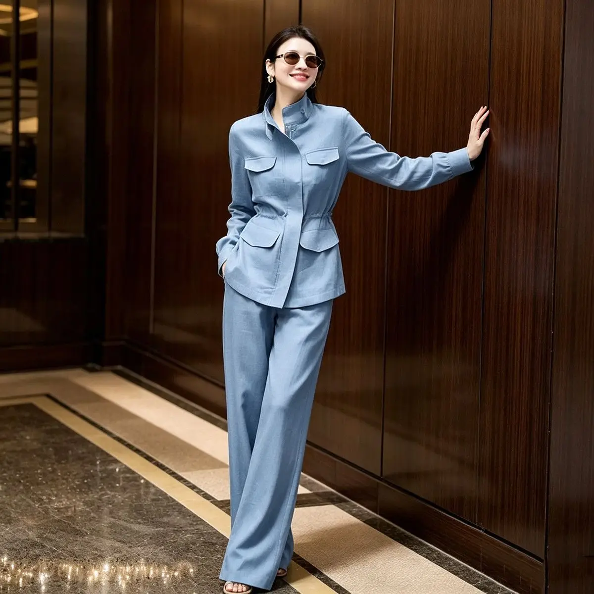 2026 Spring and Autumn Korean Version Waist Slimming Shirt Wide Leg Pants Temperament Two-piece Set