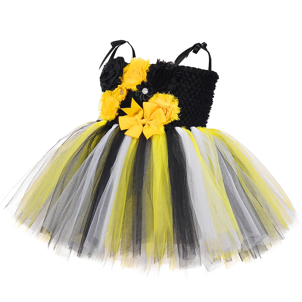 Little Queen Bee Tutu Dress Tulle Flowers Baby Girl Clothes Infant Toddler Princess Costume 1 Year Birthday Girl Dress Outfit