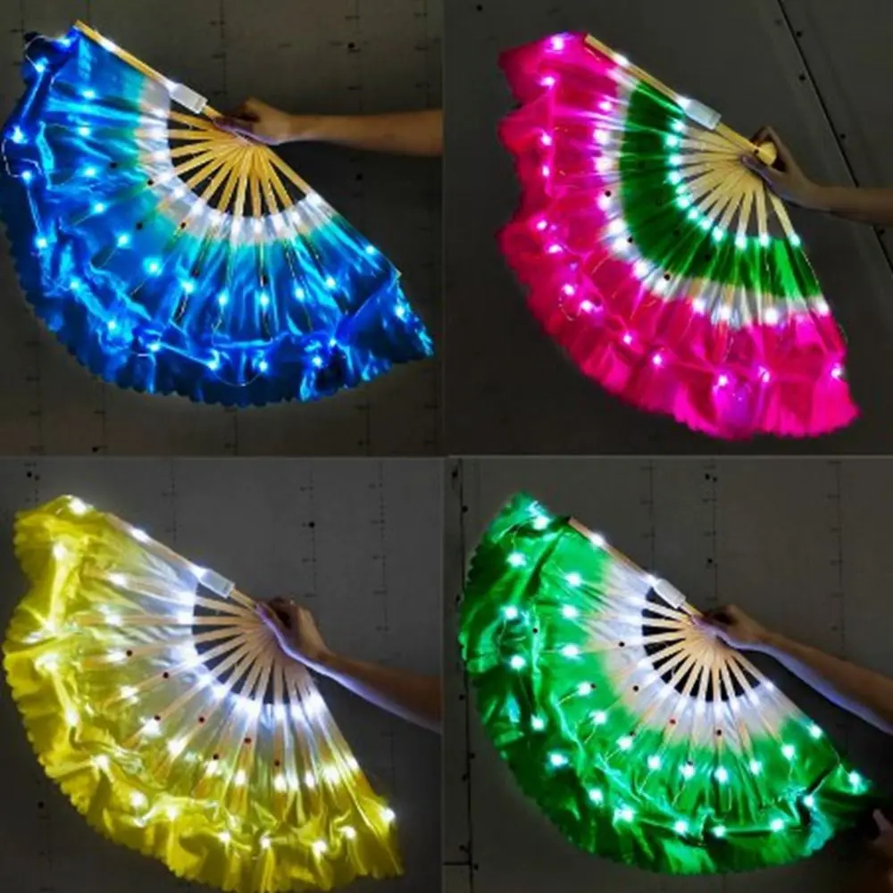 

30.5cm Bamboo+10cm Half Circle Silk Chinese Short Bellydance Fan Lighting 6 Colors Dance Bamboo Fans LED Hand Dye Fan Adults