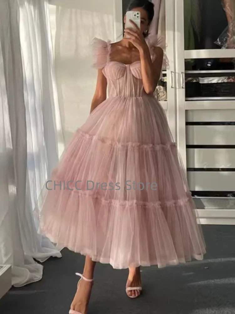 핑크 댄스 파티 드레스 스퀘어 칼라 홀터넥 A 라인 이브닝 드레스 Tull Quinceanera 드레스 우아한 Draped 생일 드레스 맞춤형