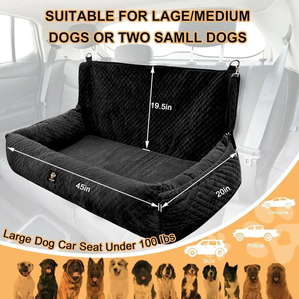 Washable Removable Pet Car Seat Cover for Large Dogs Under 100 LBS - Black
