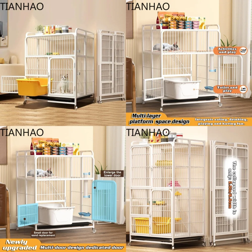 2-Tier Collapsible Cat Cage Playpen for Indoor Use with 360° Wheels Metal Wire Construction Secure Lock Large Size for Kitten