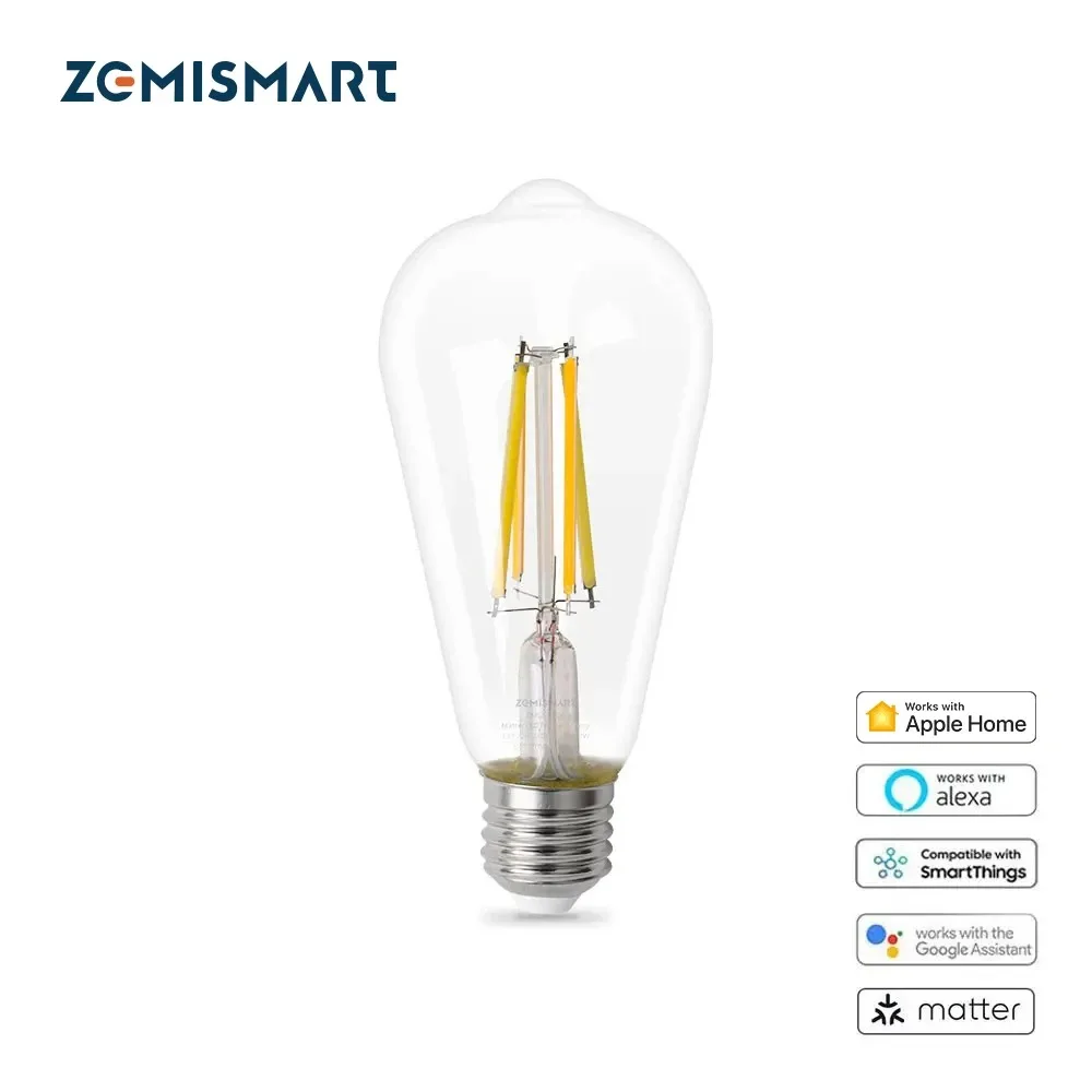 Zemismart Matter WiFi Smart Led Filament Light Bulb 7W Dimmable Tungsten Lamp E27 Homekit SmartThings Alexa Google Home App 220V