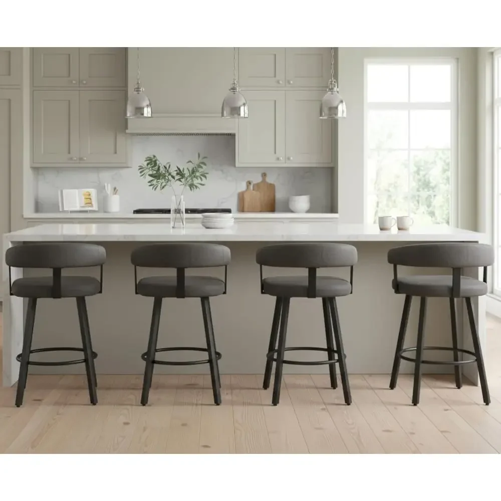 

Set of 4 Counter Height Bar Stools with PU Leather and Metal Legs, Upholstered, 25 Inch, Grey