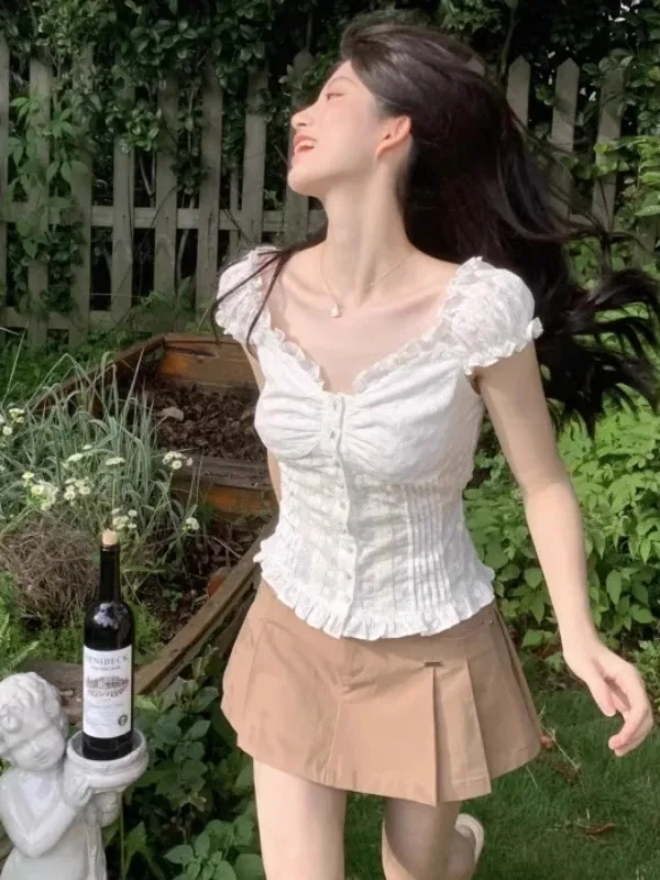 

Faionable Summer ort Sve Футболка с кружевной отделкой для похудения Sli 4-точечная морская корейская футболка Sle 2025 V-ne Bubble Sve