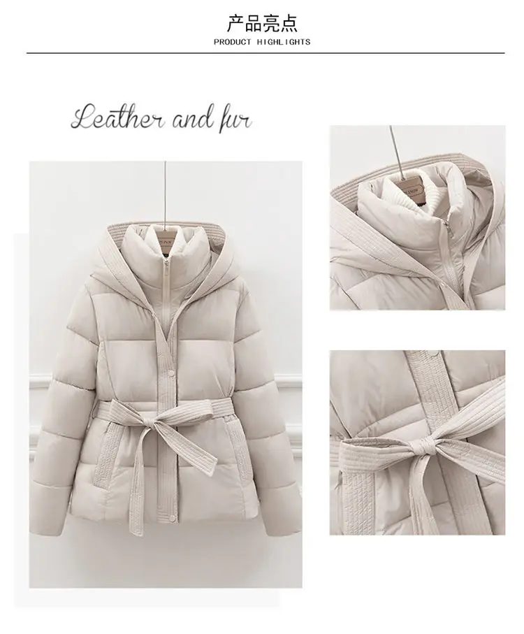 High End Down Cotton Jacket for Women Winter 2026 Fashion Slim Thicken Hooded Bread Coat Female Warm Parka Overcoat With Belt