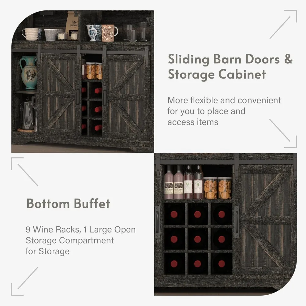 Farmhouse Coffee Bar Cabinet with Sliding Barn Door, Buffet Cabinet with Hutch, Kitchen Pantry Cabinet with Power Outlet & Light