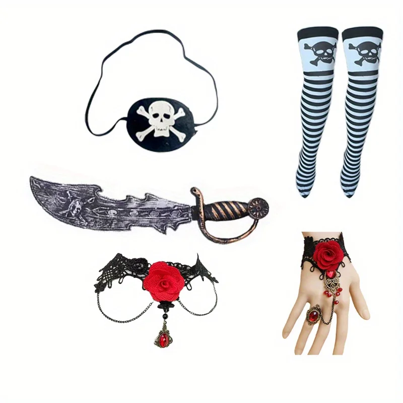 

PESENAR Pirate-style Halloween costumes: blindfolds, striped high socks pirate knives and decorative accessories with rose heads