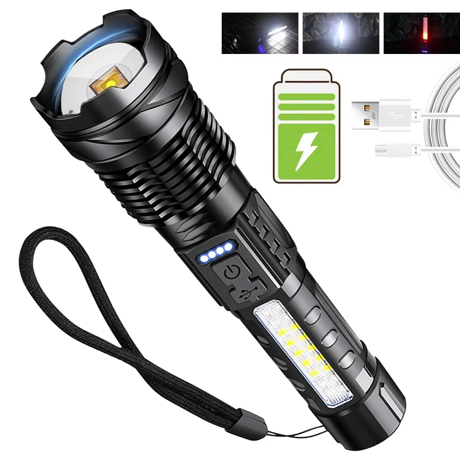 

High Power LED Flashlights Tactical Emergency Strong Spotlights Telescopic Zoom Built-in Battery USB Rechargeable Camping Torch