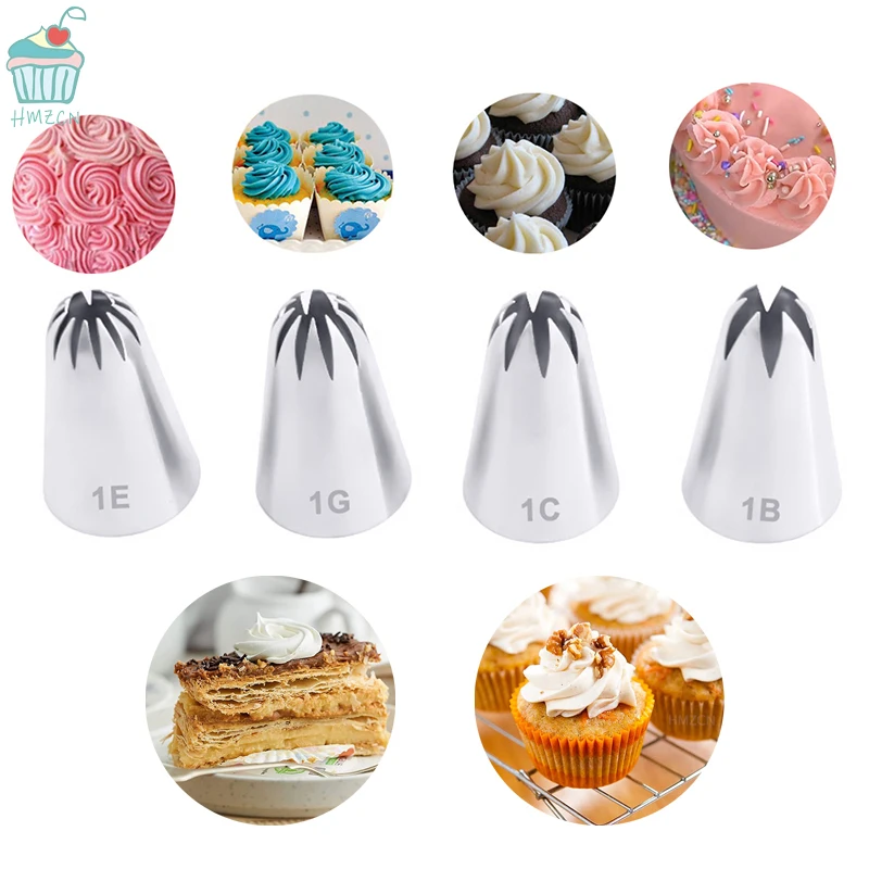 1/4pcs Large Icing Piping Nozzles Decorating Cake Baking Cookie Cupcake Piping Nozzle Stainless Steel Pastry Tips #1B#1C#1E#1G