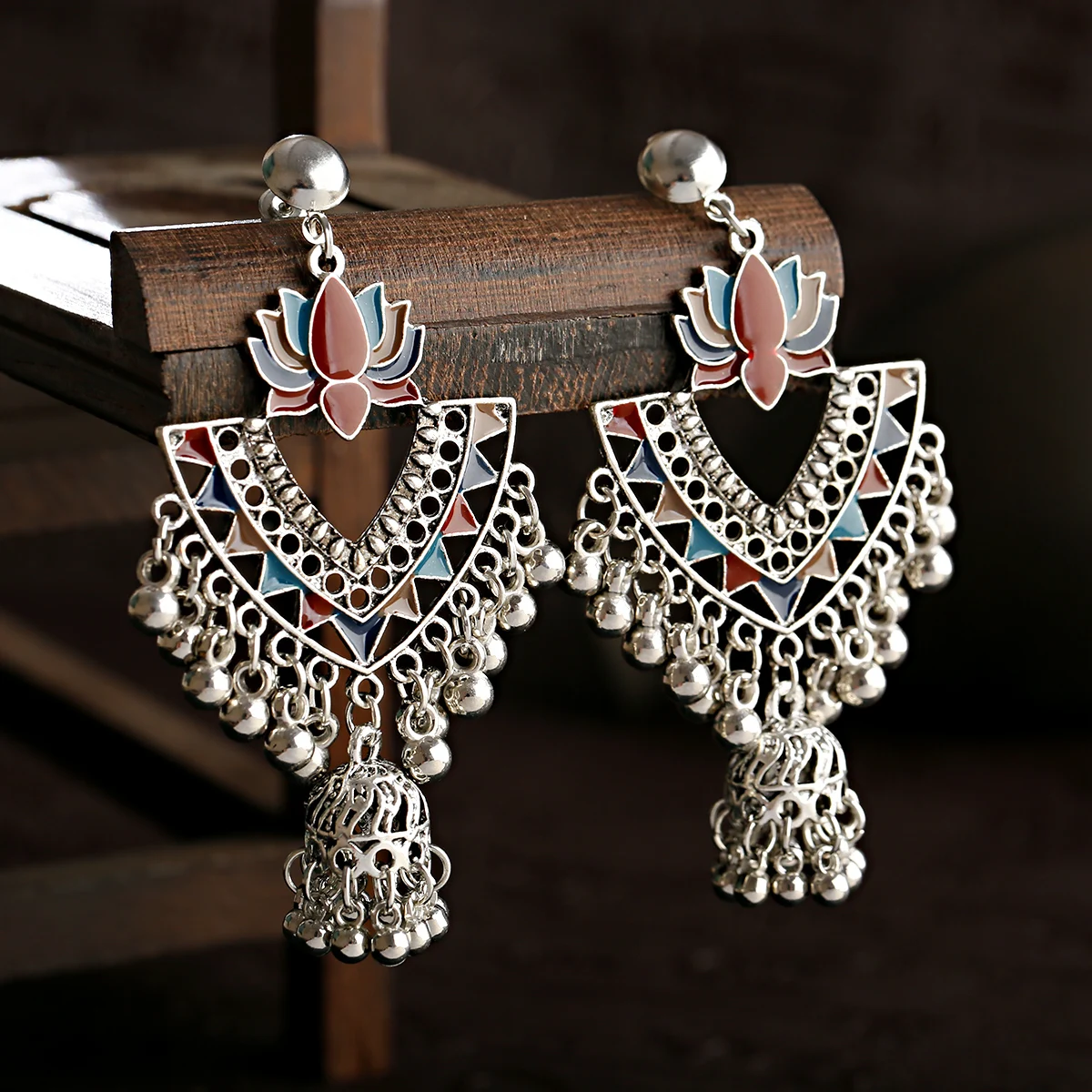 Ethnic Lotus Flower Silver Color Jhumka Earrings Women's Retro Geometric Beads Tassel Statement Earrings Fashion Indian Jewelry