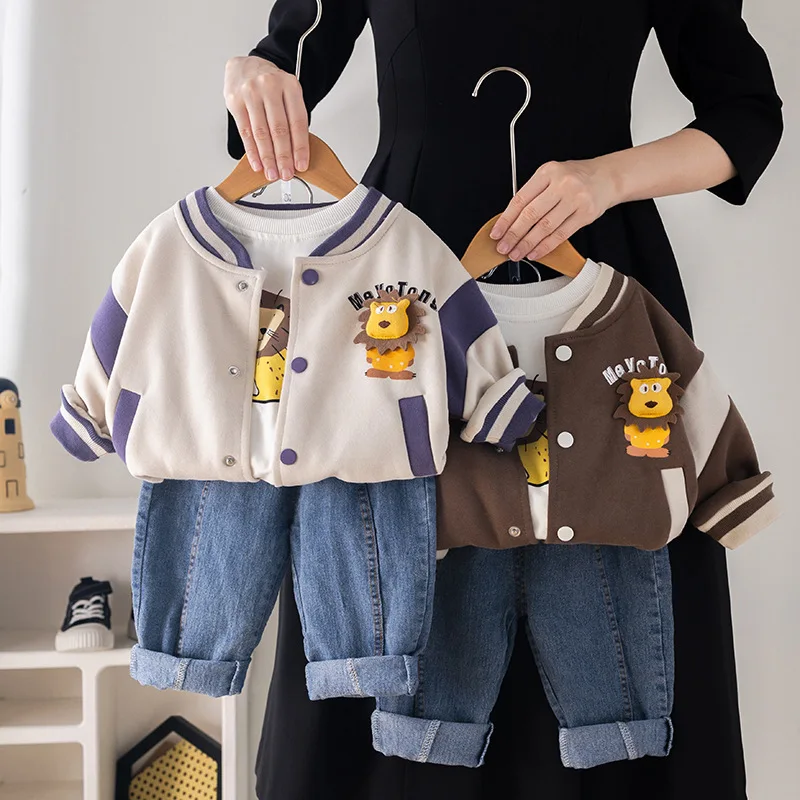 2024 Boy clothes Spring and Autumn new baby suit Boy lion pattern baseball coat + Long sleeve T-shirt + jeans 3 children clothes