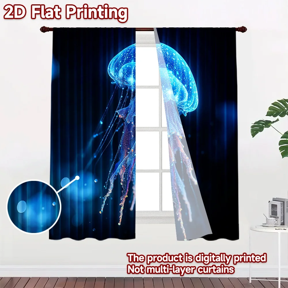 2D flat printing 2pcs Party Window Curtains Blue Glowing Jellyfish Ocean Digital Printed Polyester Drapes Festive Curtains Use