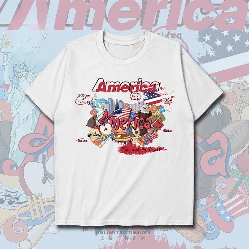 

American Statue of Liberty, Bald Eagle, Hand-drawn Short-sleeved T-shirt, Men's and Women's National T-shirt Trend 0010