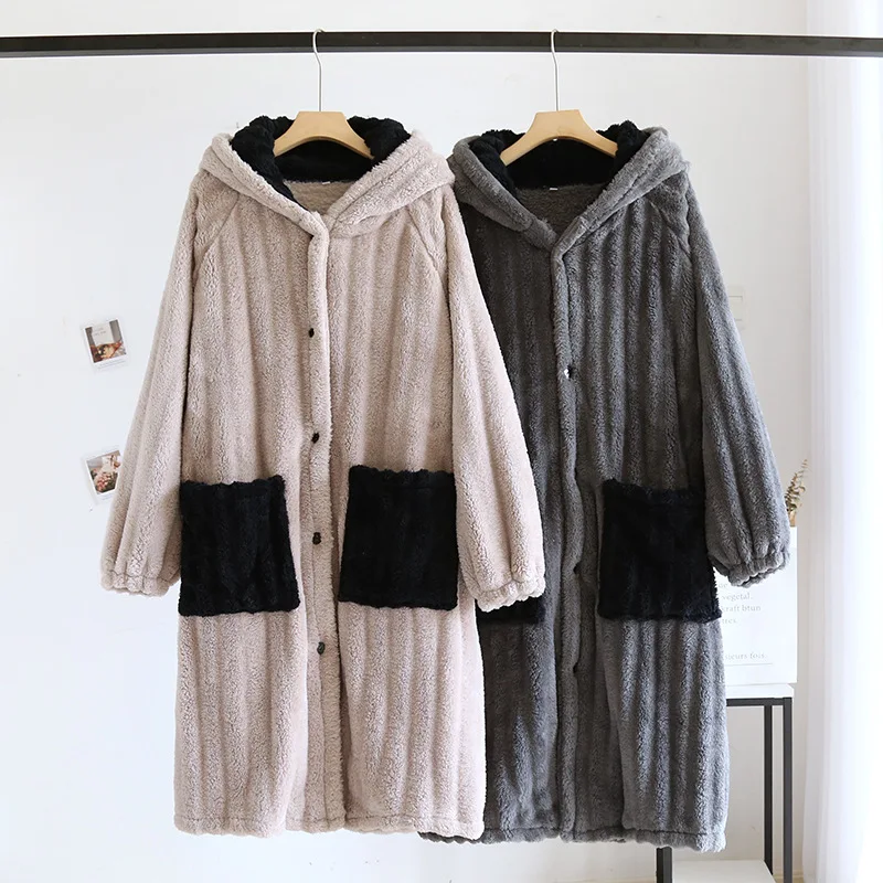 Autumn Winter Couples Coral Fleece Nightgown Flannel Thicken Bathrobe Men and Women Long Robe Home Wear Robes Warm Gift