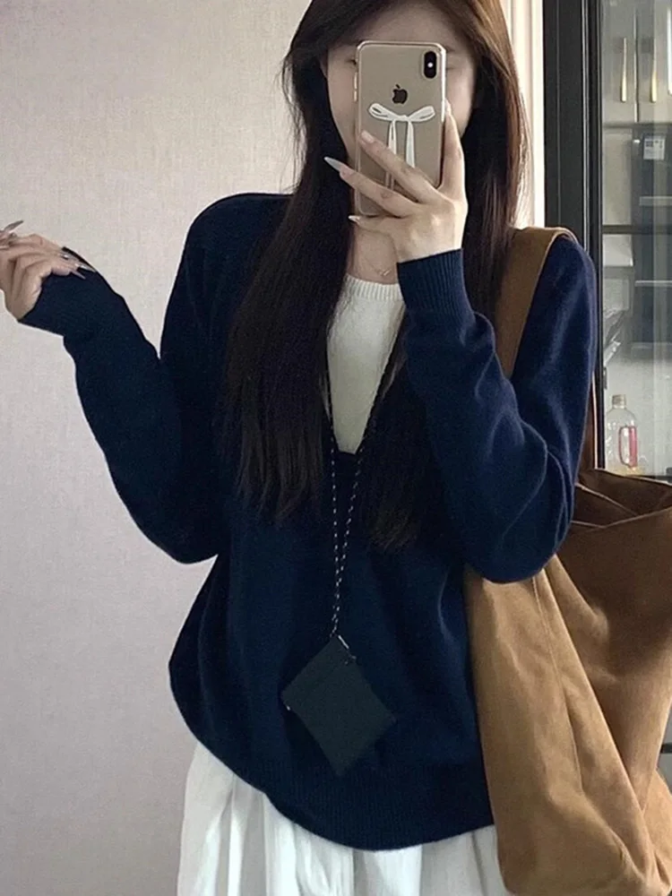 Y2K V Neck Sweater Women Fake Two Piece Long Sleeve Loose Knit Top Spring Autumn Soft Sticky