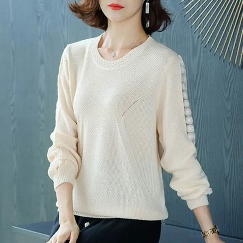 Women Trendy Hollow Lace Patchwork Elegant Knitwear Korean Solid O Neck Loose Pullover Tops Casual Long Sleeve All Match Sweater