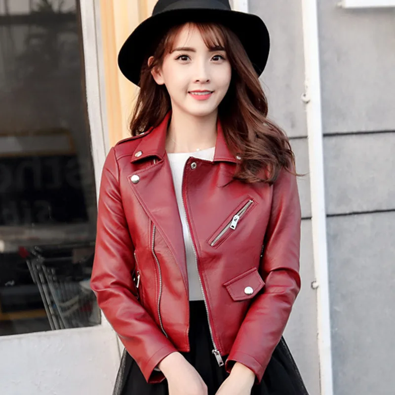 2024 Women's Short Autumn and Winter PU Leather Suit Collar Motorcycle Slim Fashion Girl Leather Jacket