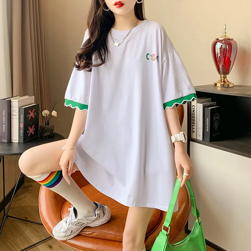 Fashionable Color-block Slit Short-sleeved T-shirt Women's Summer Midi Length Loose Half-sleeved T-shirt Y2k Top