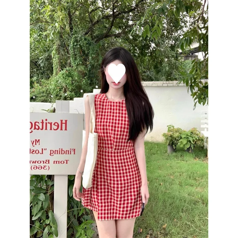 Summer Fashion Short Tank Dress donna Slim Fit Red Plaid gilet senza maniche Mini abiti Backless Solid Shirt Casual Y2k Clothes