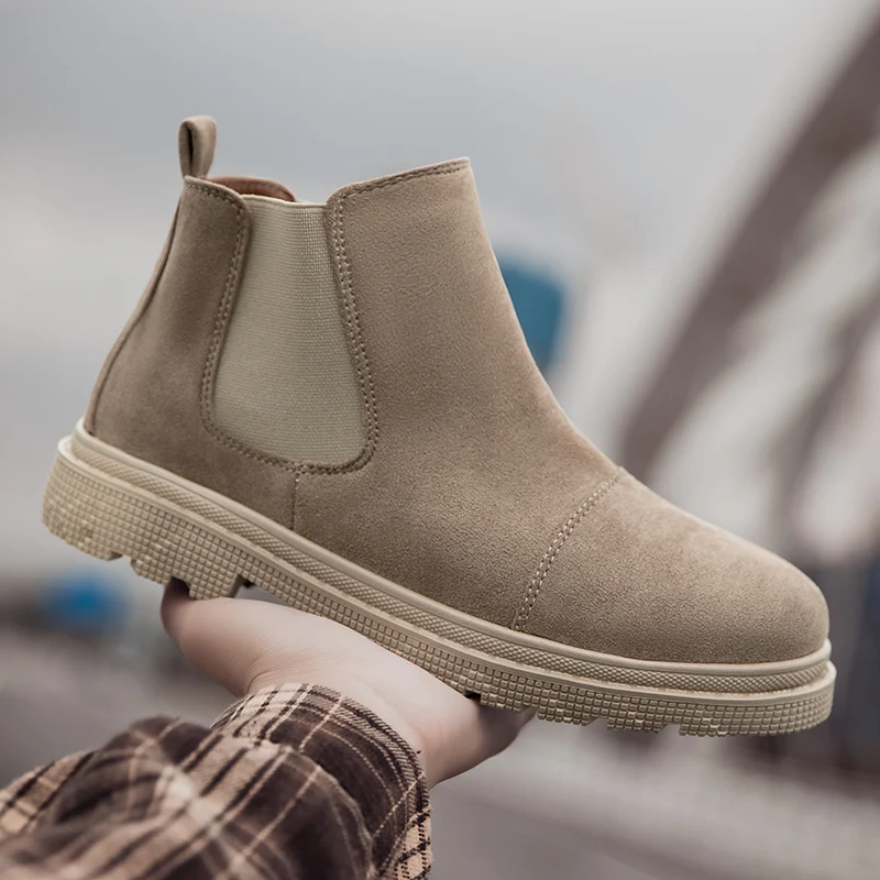 الكلاسيكية الكاكي تشيلسي الأحذية للرجال البريطانية الرجعية أحذية بوت قصيرة الانزلاق على أحذية كاجوال عالية أعلى الشتاء أحذية الرجال منصة أحذية عمل #1