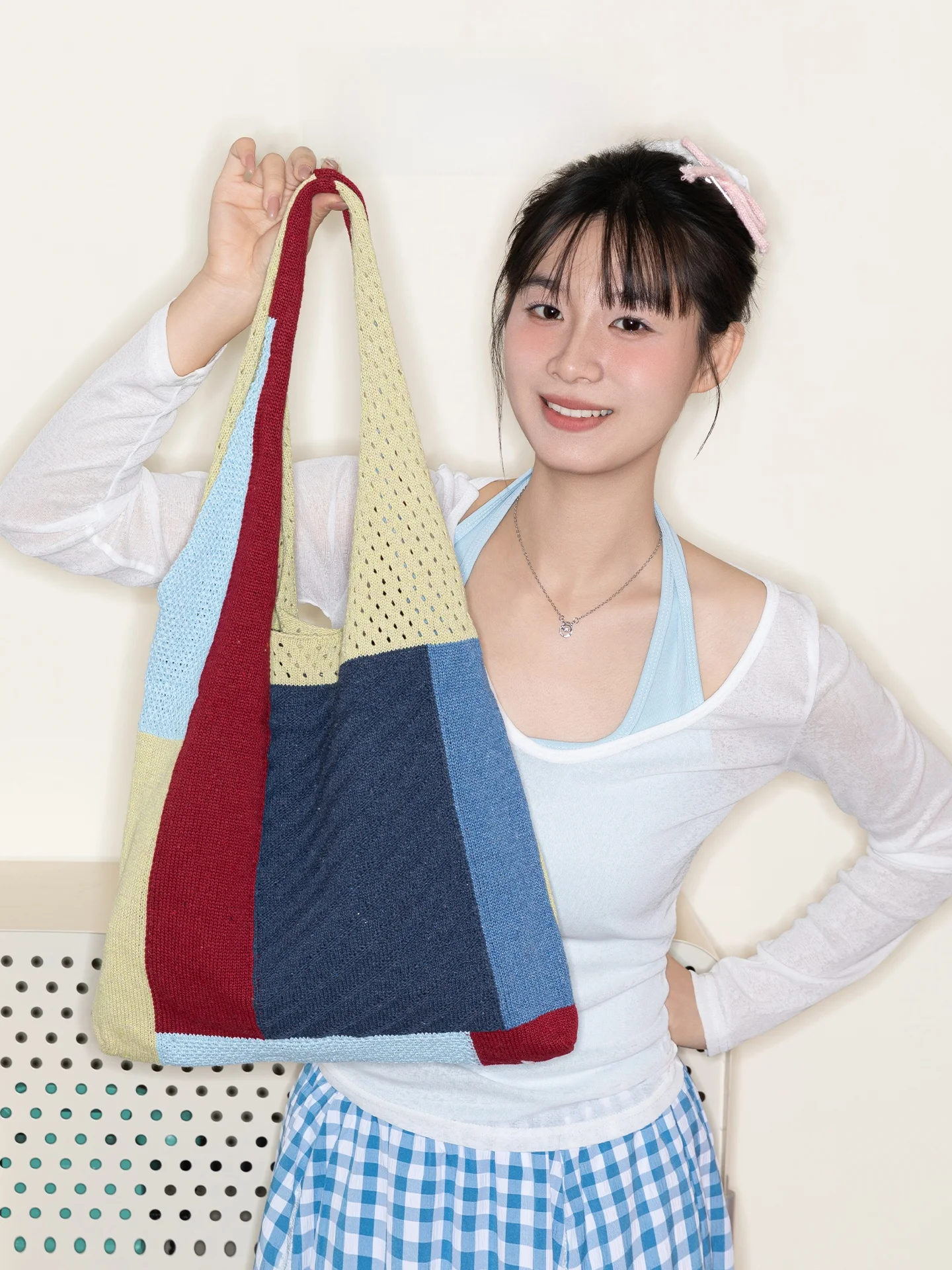 

Orange Girl Knitted Tote Bag Contrast Color Shoulder Handbag Artistic Style Women's Bag Retro Patchwork Handbag Soft Fabric Bag