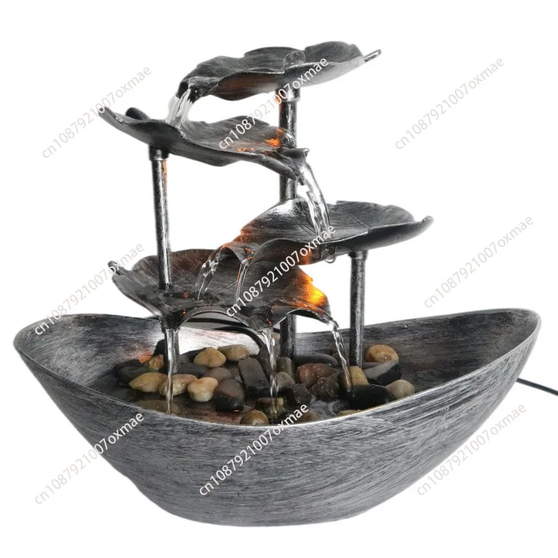 Tabletop Water Fountain with LED Lights 4 Layer Lotus Leaf Waterfall Fountain Indoor Office Waterfall Flowing Water Ornaments