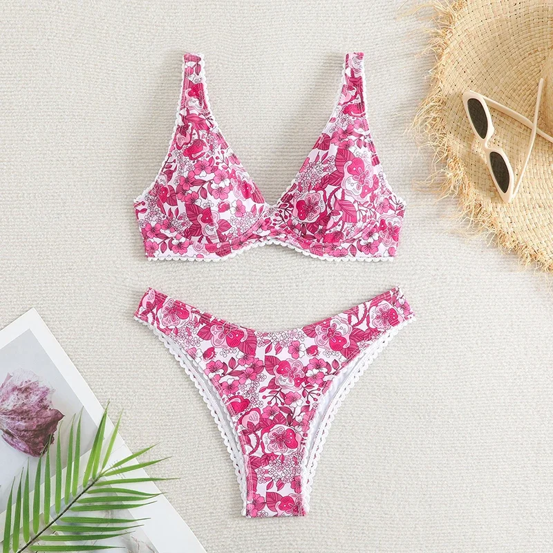 Elegant Floral Pattern Swimsuit Women Bikini Push Up Patchwork Lace Edge Triangle Thong Bikini Set 2025 New Sexy Lady Beachwear