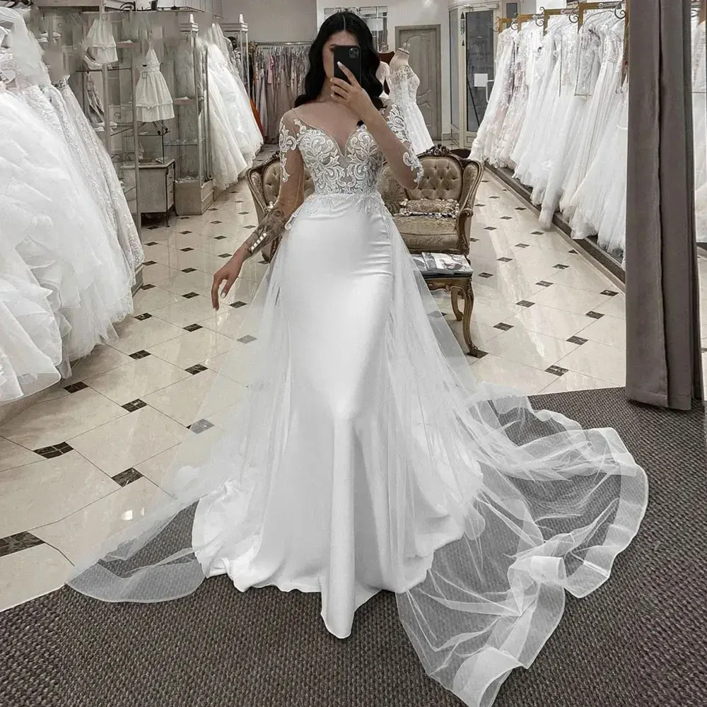 

2024 Sexy Mermaid Wedding Dresses Detachable Tulle Train Bridal Growns Elegant V Neck Lace Half Sleeves Appliques Robe De Mariée