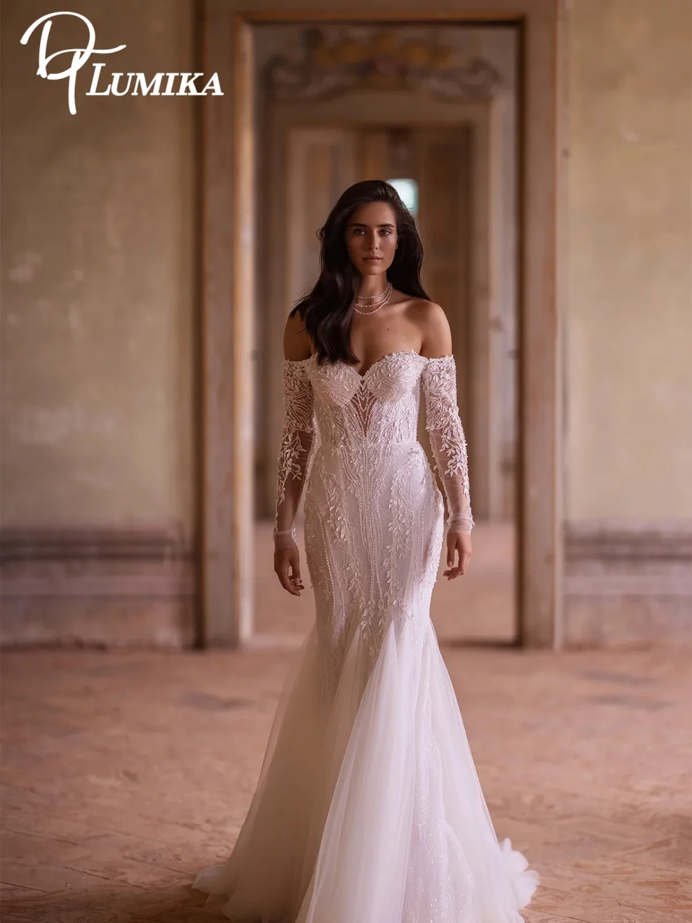 

DTLumika Elegant Off-Shoulder Bridal Gown Glamorous Lace Wedding Gown Luxury Applique Long-Sleeve Bridal Dress Robes De Mariage