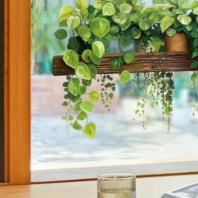 3D Green Hanging Plants Wall Sticker, Wooden Shelf Potted Greenery Mural, Removable Kitchen Living Room Home Decor 1PC